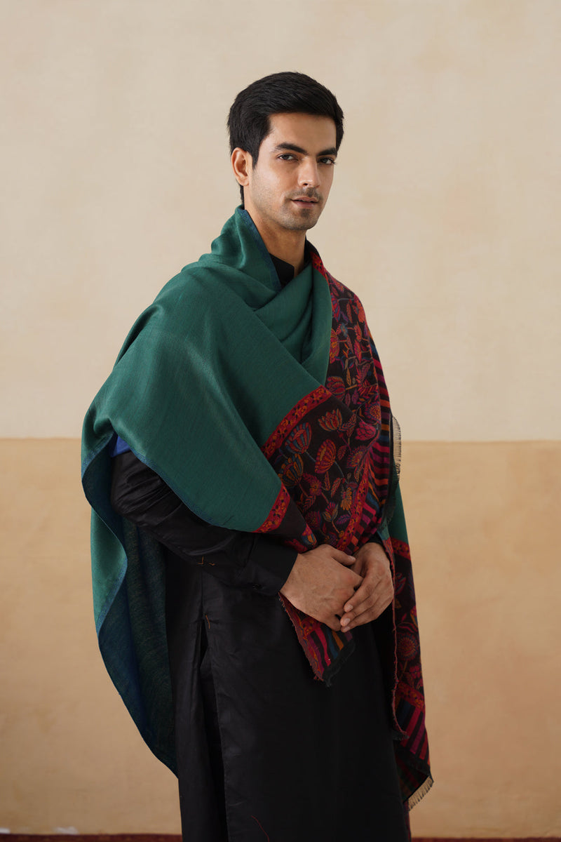 Emerald–Navy Reversible Floral-Border stole