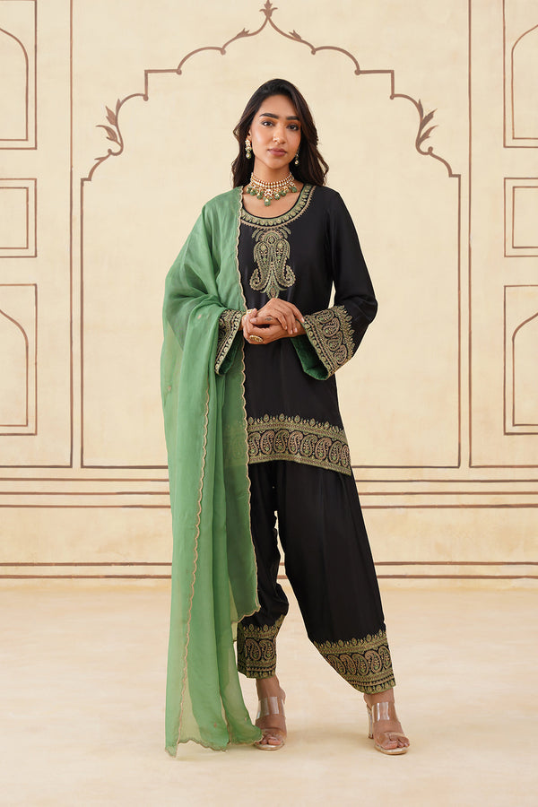 Black Embroidered Set with Green Organza Dupatta