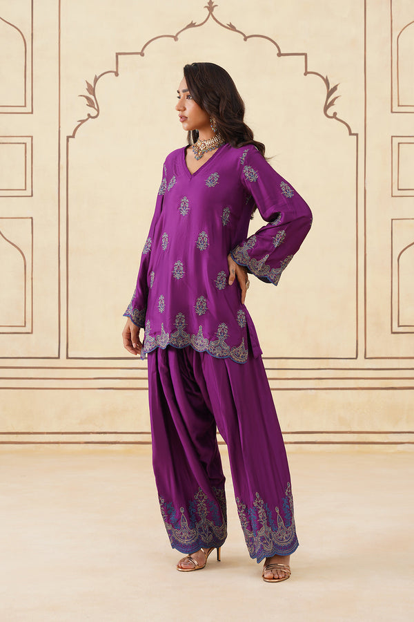 Meher Wine Embroidered Farshi Set with Dupatta