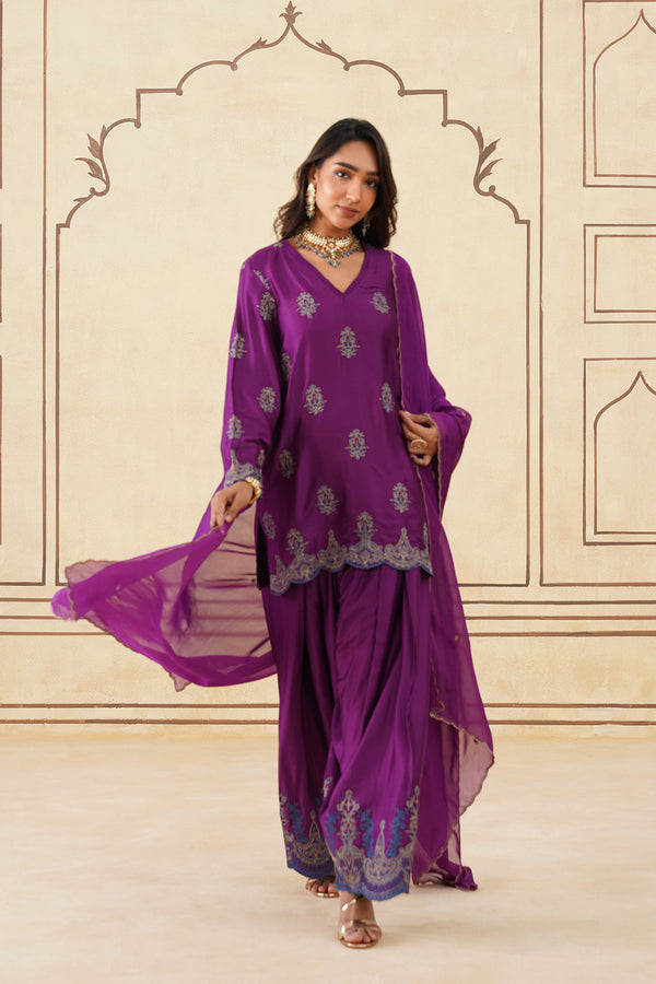 Meher Wine Embroidered Farshi Set with Dupatta