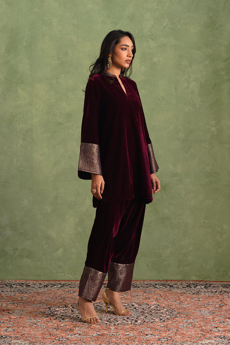 Wine Velvet Suit with Ikkat Woven Dupatta