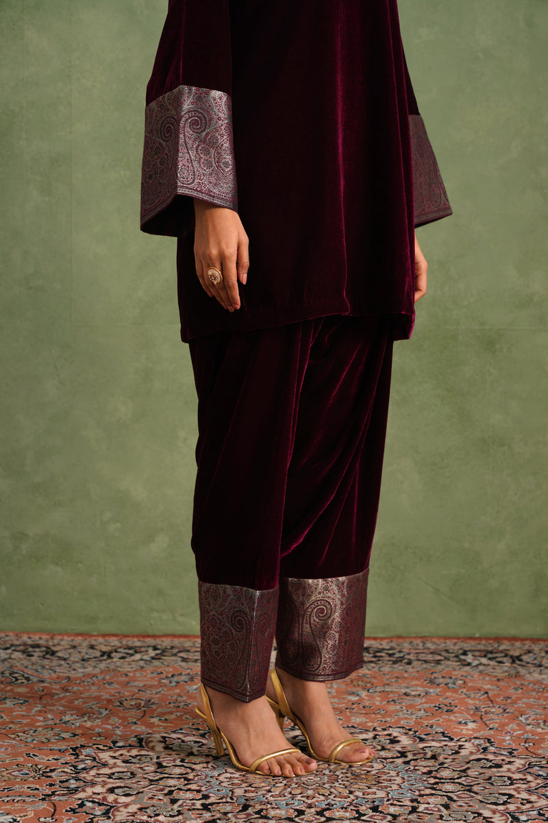 Wine Velvet Suit with Ikkat Woven Dupatta