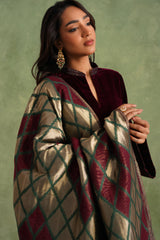 Wine Velvet Suit with Ikkat Woven Dupatta