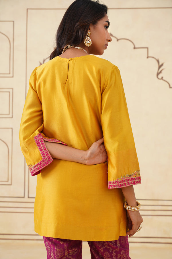 Yellow Hand Embroidered Chanderi Shirt with Brocade Pants