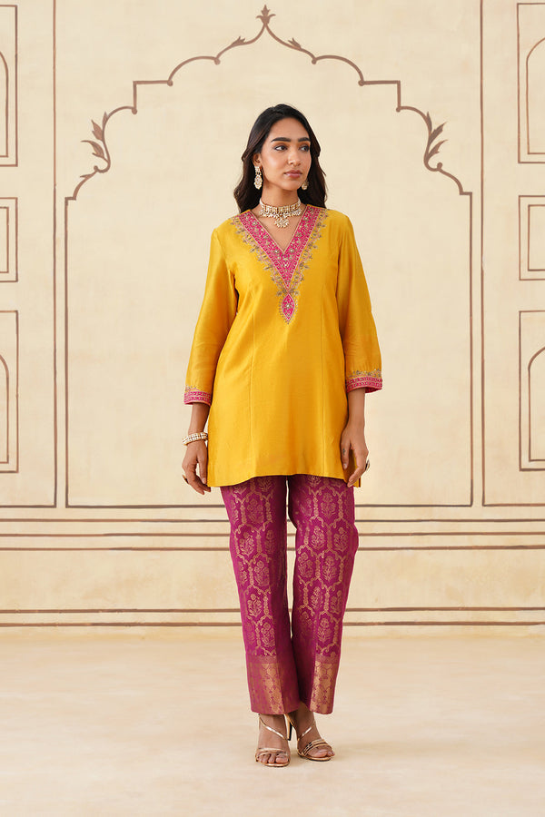 Yellow Hand Embroidered Chanderi Shirt with Brocade Pants