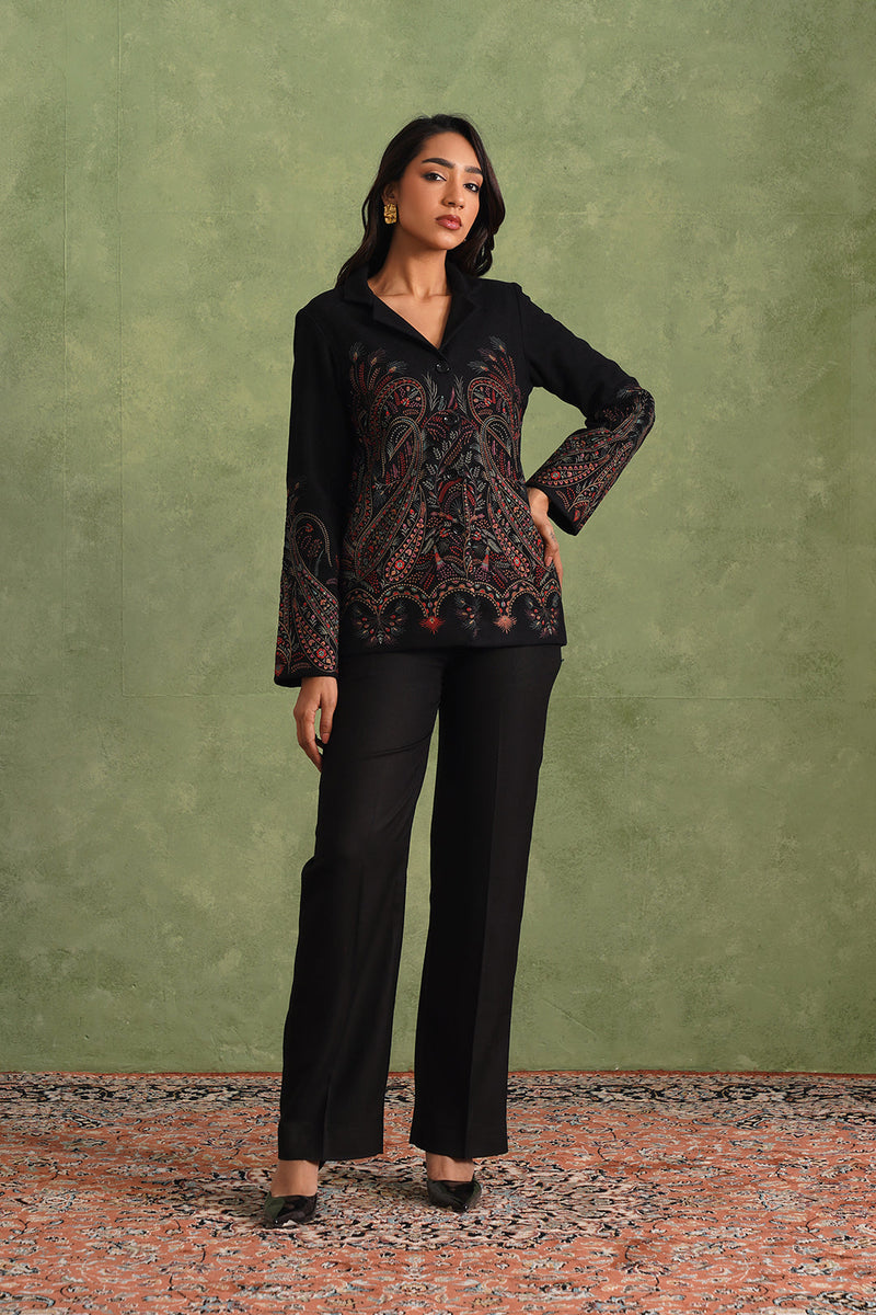 Merino Wool Black Embroidered Blazer