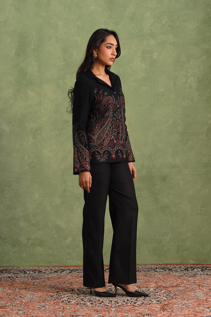 Merino Wool Black Embroidered Blazer