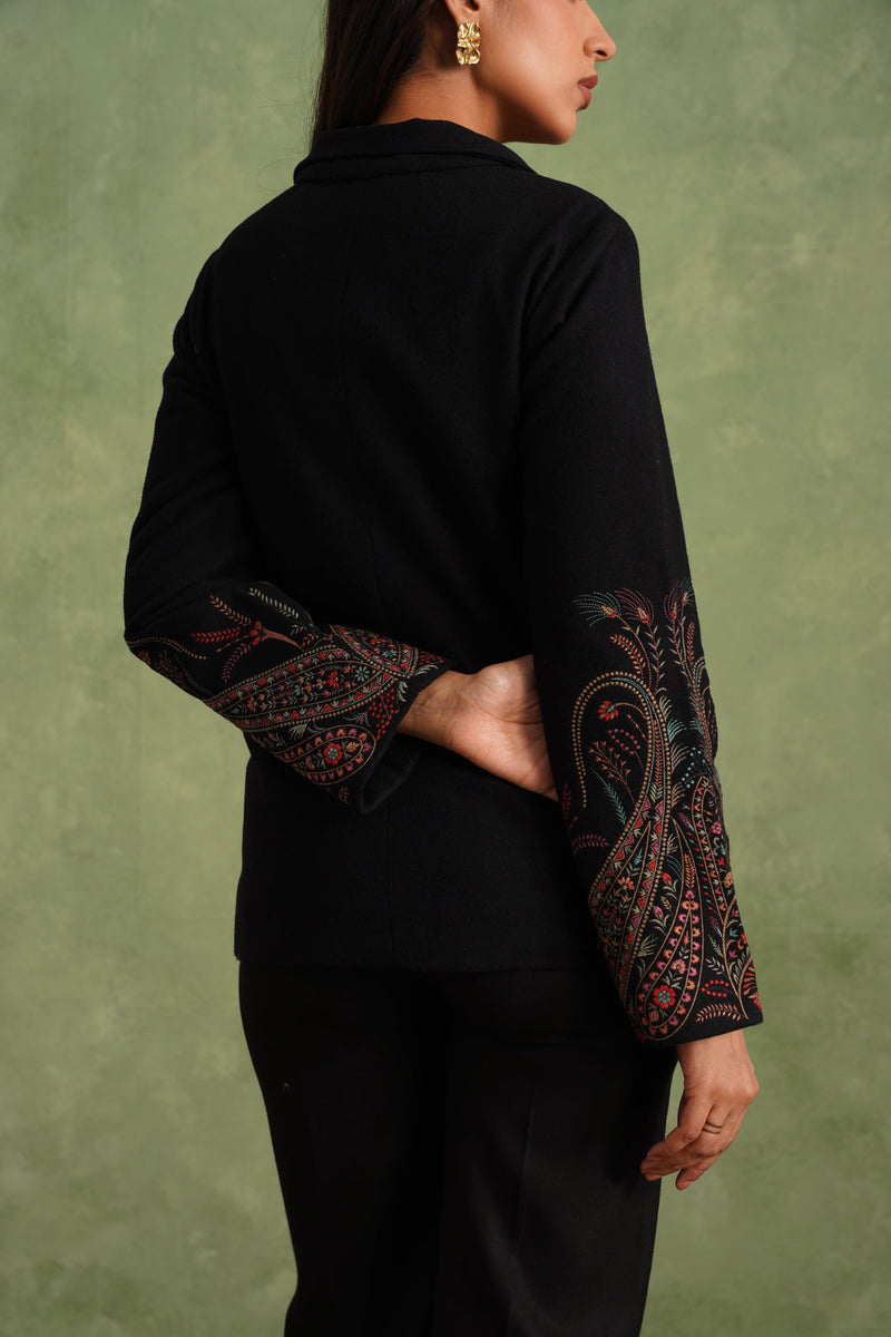 Merino Wool Black Embroidered Blazer