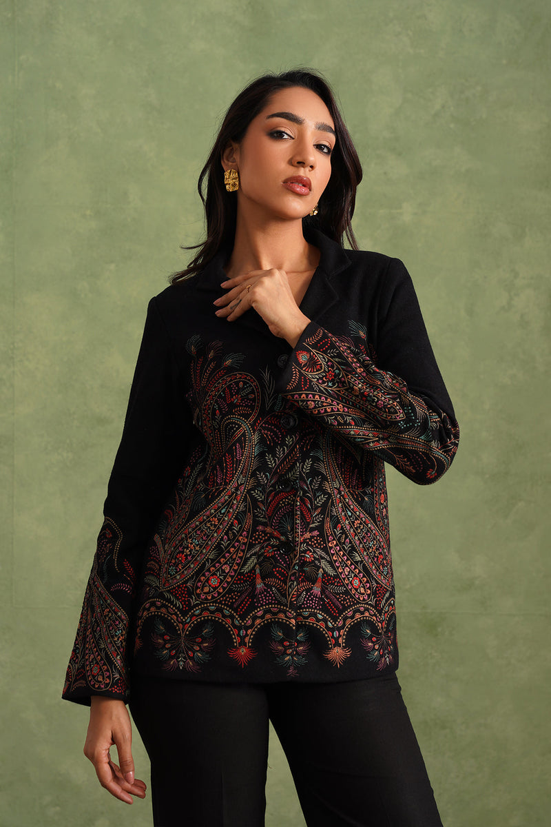 Merino Wool Black Embroidered Blazer