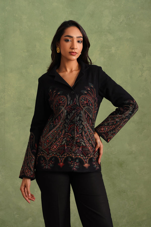 Merino Wool Black Embroidered Blazer