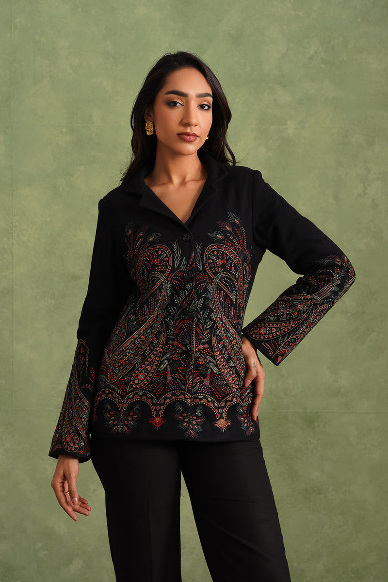 Merino Wool Black Embroidered Blazer