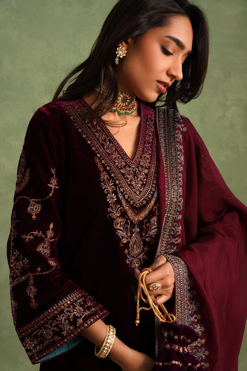 Aafreen Wine Velvet Suit