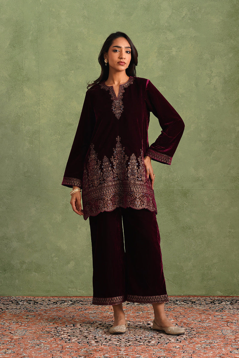 Wine Velvet Embroidered Kurta Set