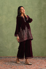Wine Velvet Embroidered Kurta Set