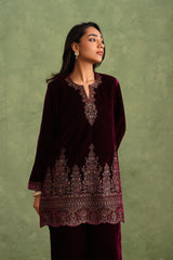 Wine Velvet Embroidered Kurta Set