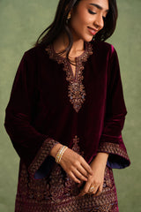 Wine Velvet Embroidered Kurta Set