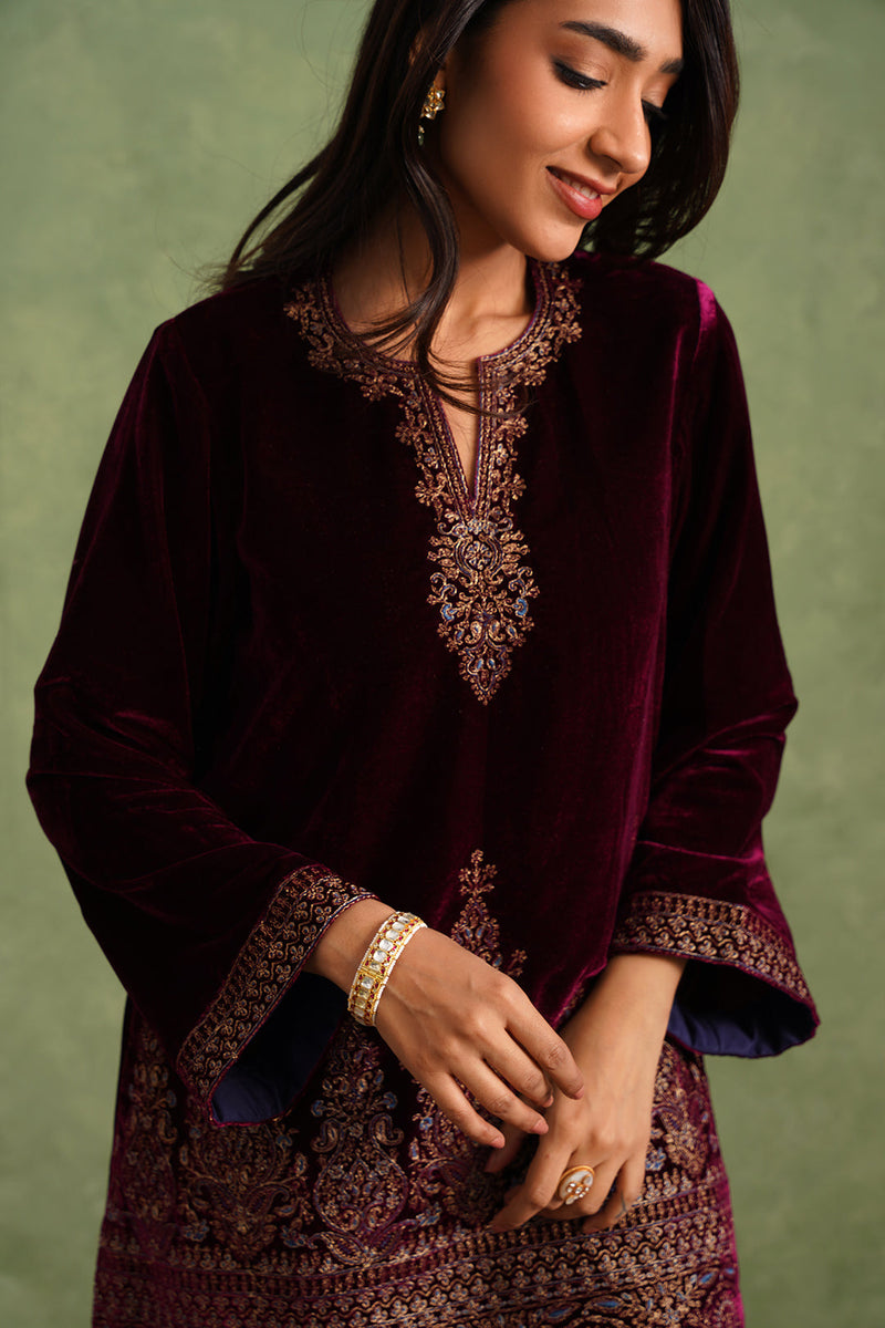 Wine Velvet Embroidered Kurta Set