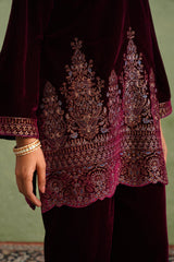 Wine Velvet Embroidered Kurta Set