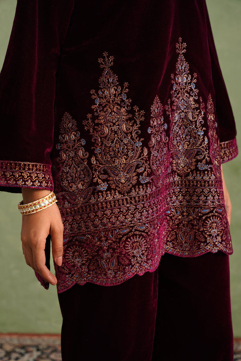 Wine Velvet Embroidered Kurta Set