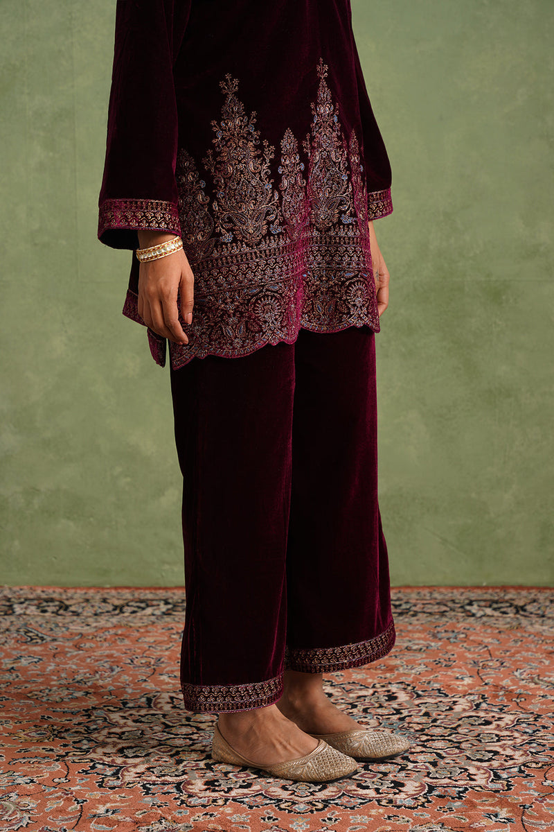 Wine Velvet Embroidered Kurta Set