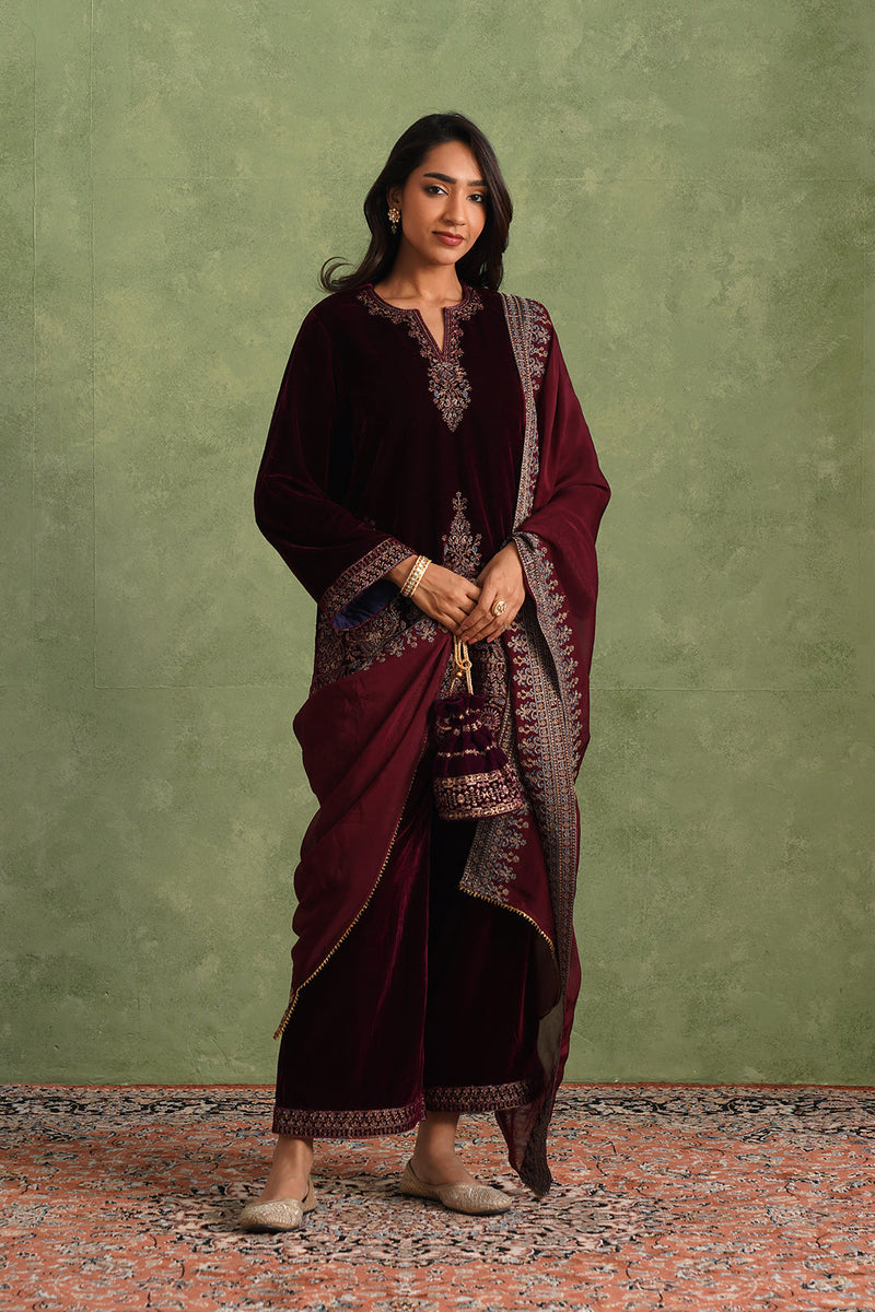 Wine Velvet Embroidered Kurta Set