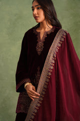Wine Velvet Embroidered Kurta Set