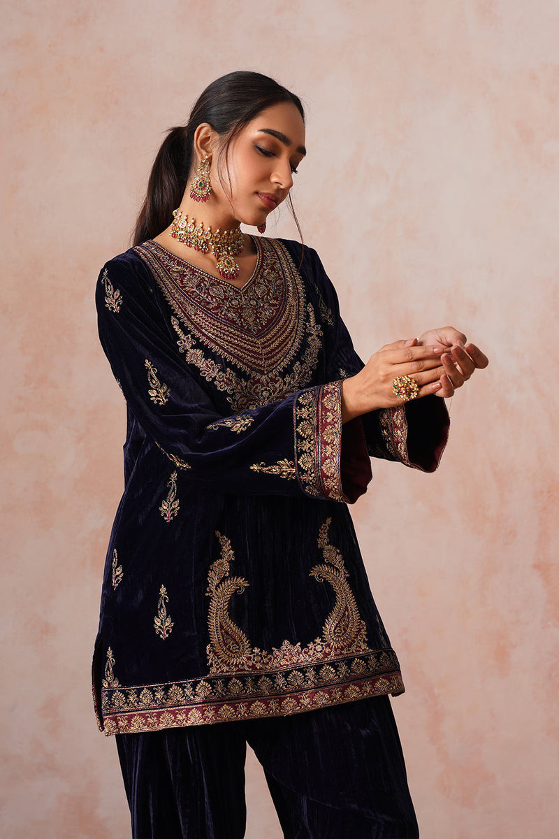 Aafreen Navy Crush Patchwork Velvet Embroidered Set