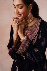 Aafreen Navy Crush Patchwork Velvet Embroidered Set