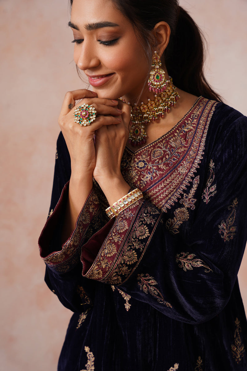 Aafreen Navy Crush Patchwork Velvet Embroidered Set