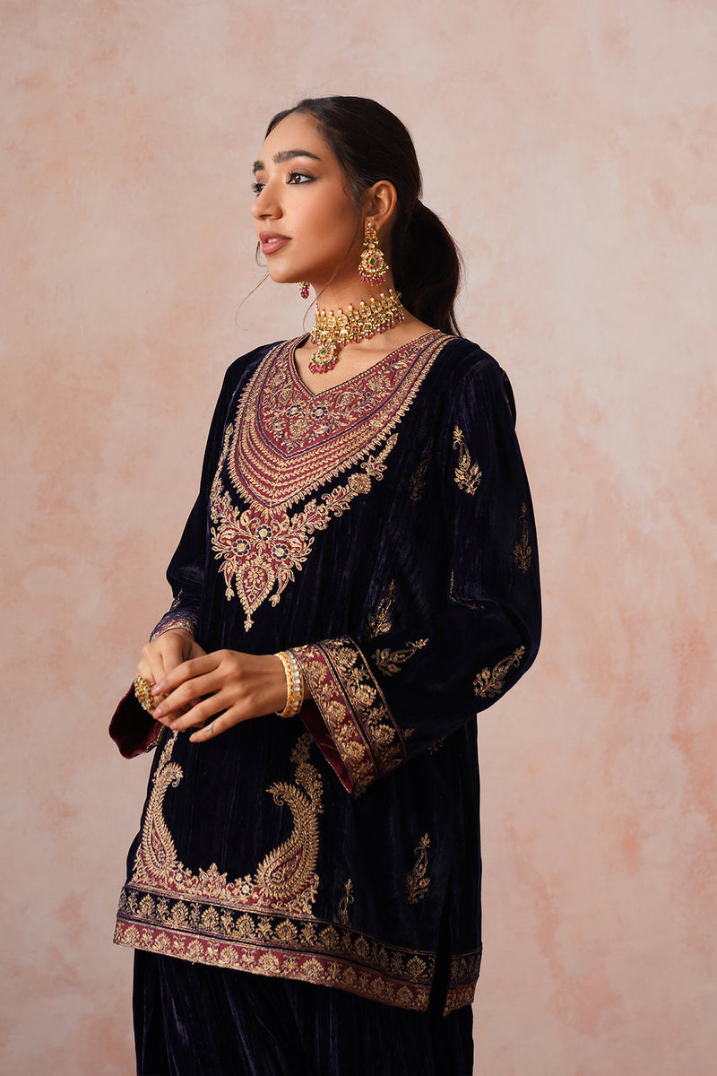 Aafreen Navy Crush Patchwork Velvet Embroidered Set