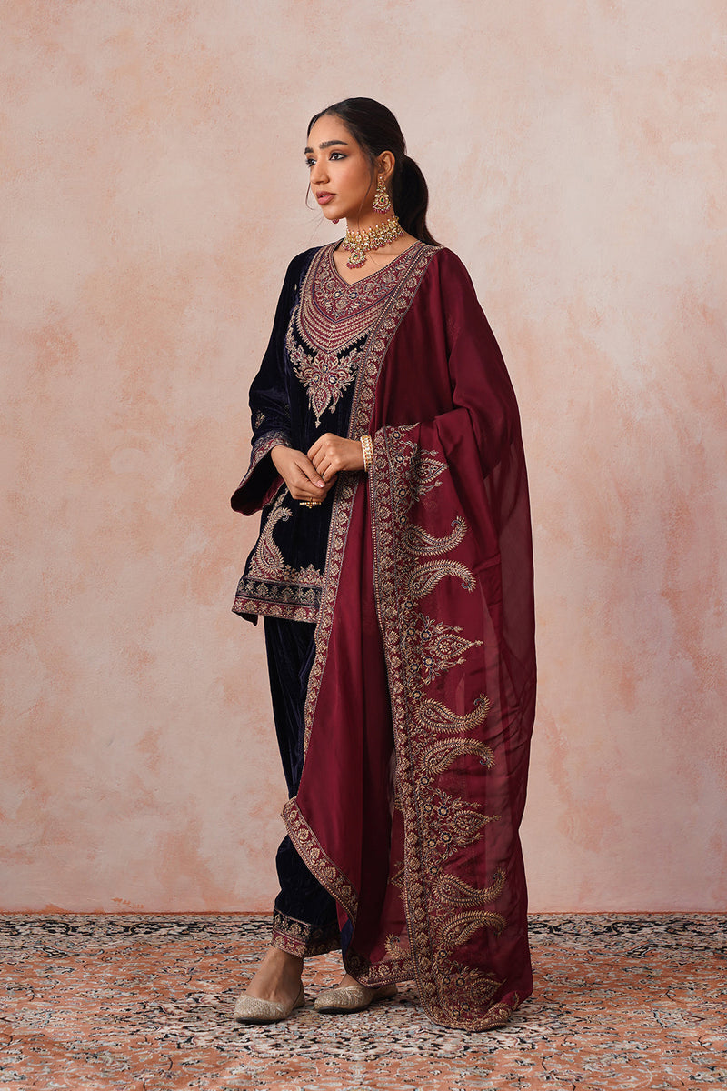 Aafreen Navy Crush Patchwork Velvet Embroidered Set