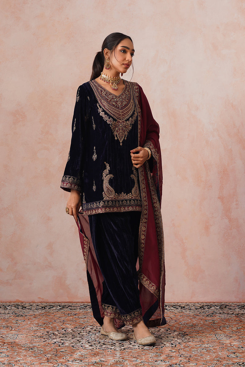 Aafreen Navy Crush Patchwork Velvet Embroidered Set
