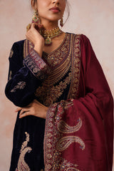 Aafreen Navy Crush Patchwork Velvet Embroidered Set