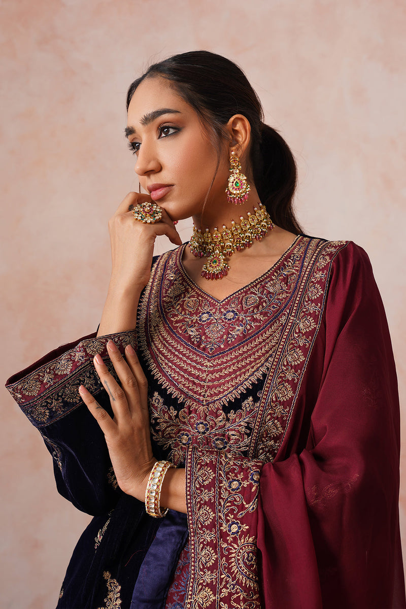 Aafreen Navy Crush Patchwork Velvet Embroidered Set