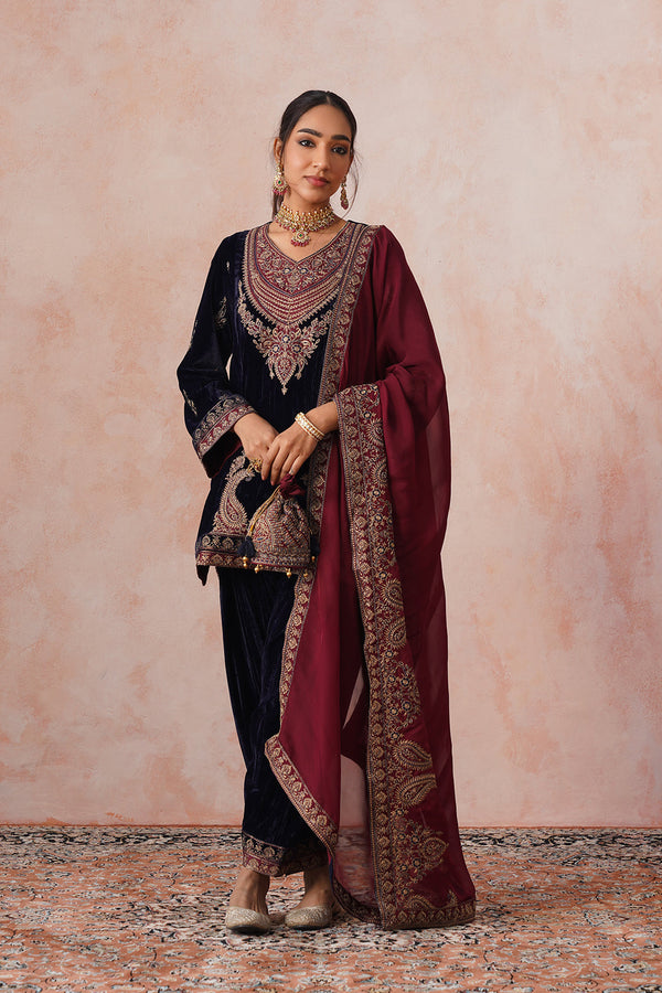 Aafreen Navy Crush Patchwork Velvet Embroidered Set