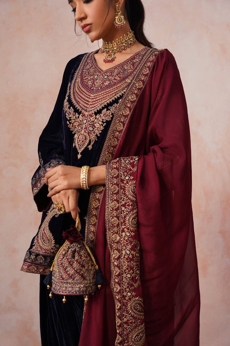 Aafreen Navy Crush Patchwork Velvet Embroidered Set