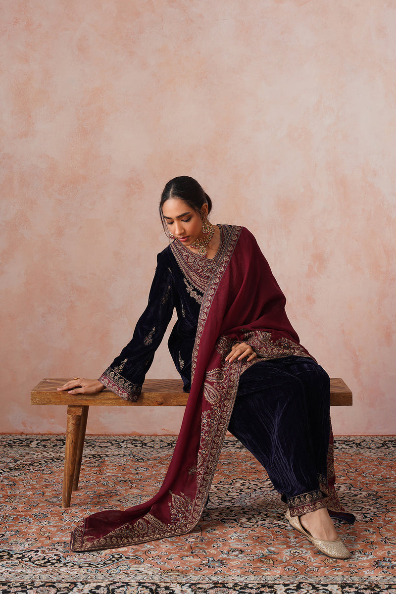 Aafreen Navy Crush Patchwork Velvet Embroidered Set