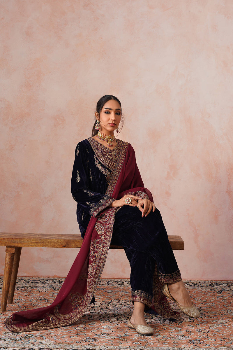 Aafreen Navy Crush Patchwork Velvet Embroidered Set