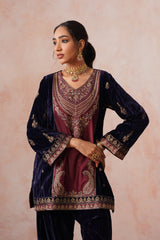 Navy Maroon Panel Velvet Embroidered Set