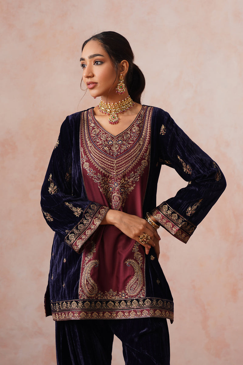 Navy Maroon Panel Velvet Embroidered Set