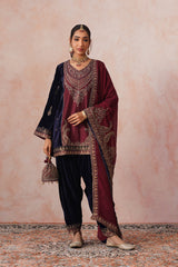 Navy Maroon Panel Velvet Embroidered Set
