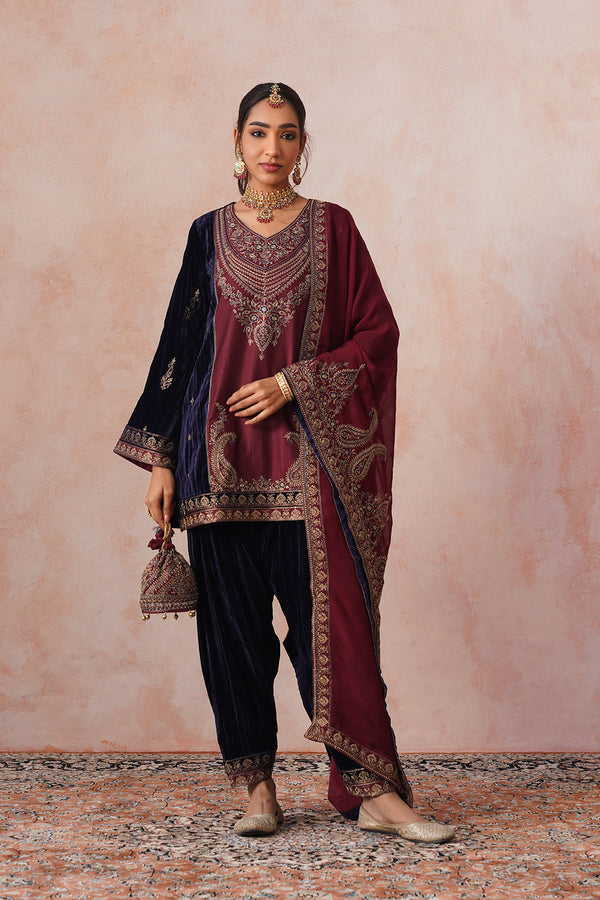 Navy Maroon Panel Velvet Embroidered Set