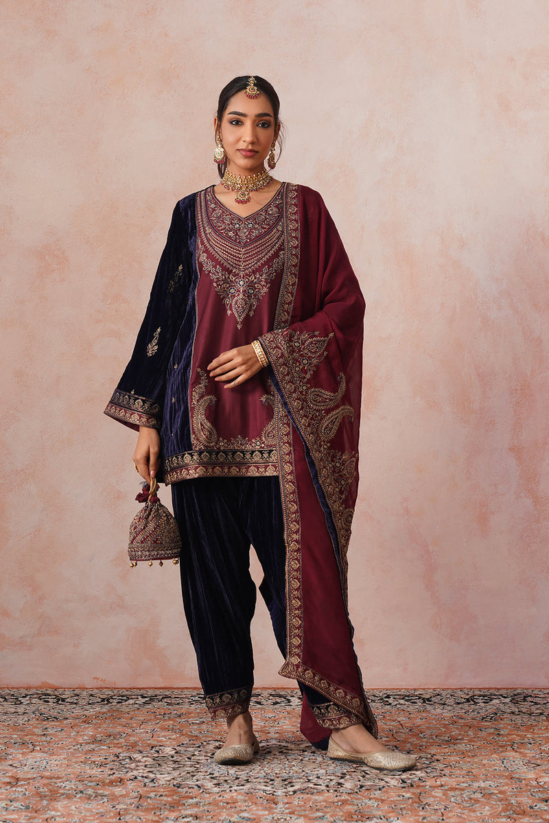Navy Maroon Panel Velvet Embroidered Set