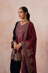 Navy Maroon Panel Velvet Embroidered Set