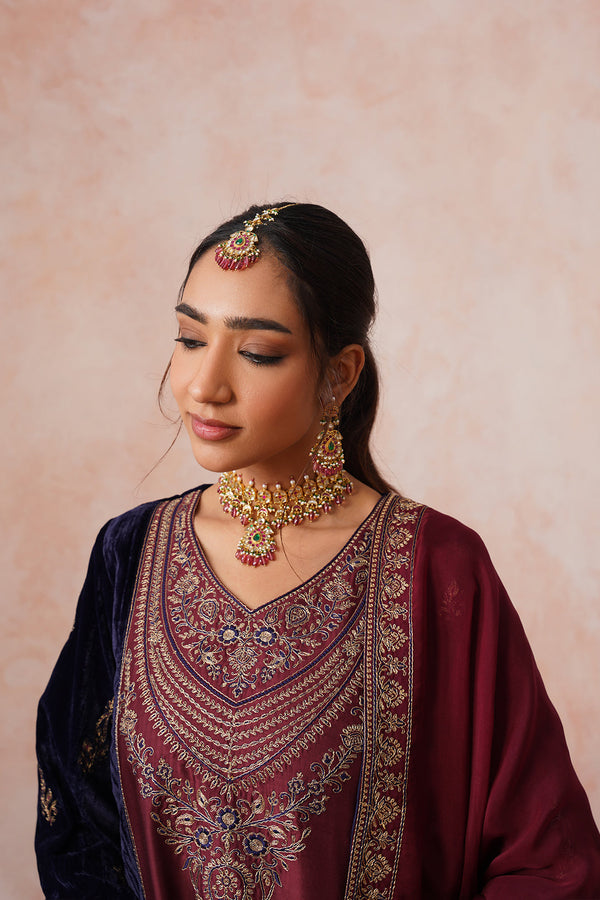 Navy Maroon Panel Velvet Embroidered Set