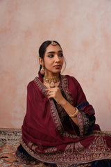 Navy Maroon Panel Velvet Embroidered Set