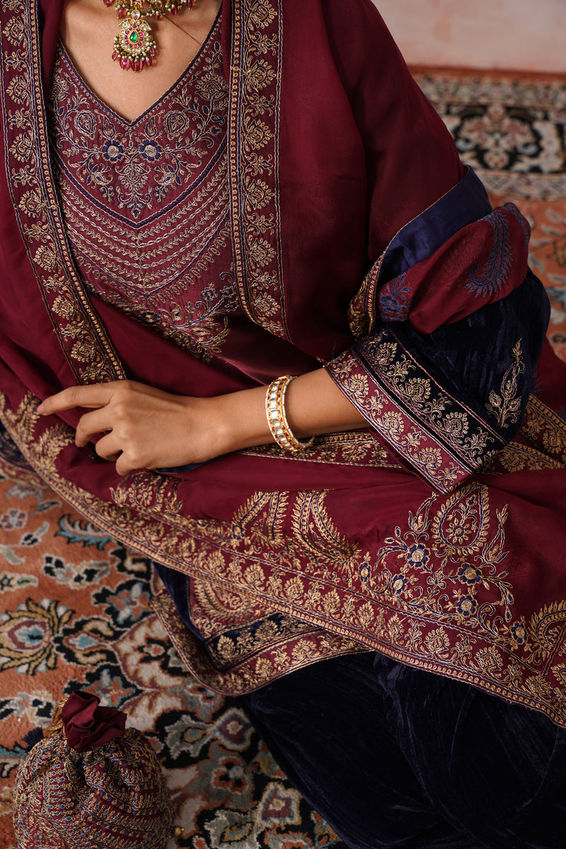 Navy Maroon Panel Velvet Embroidered Set