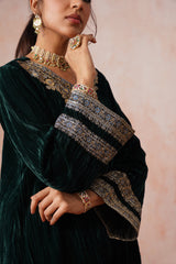 Bottle Green Crush Velvet Embroidered Sharara Set