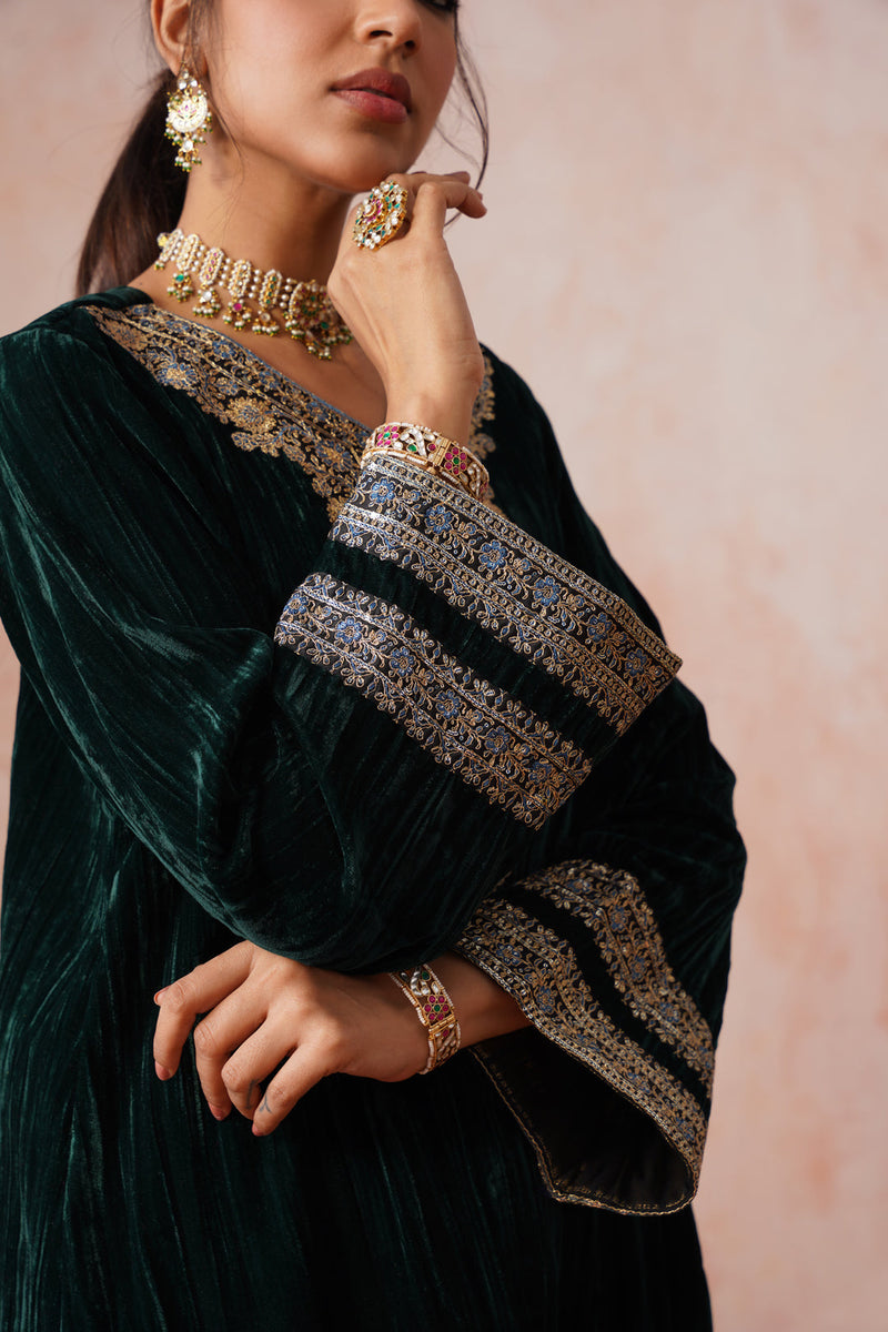 Bottle Green Crush Velvet Embroidered Sharara Set