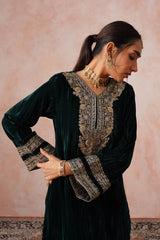 Bottle Green Crush Velvet Embroidered Sharara Set